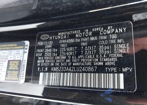 2020 Hyundai Tucson Value from USA, damaged, VIN KM8J33A42LU240867